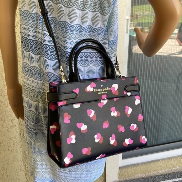 Kate Spade Staci Medium Satchel Flutter Hearts Black Multi - Picture 7 of 15